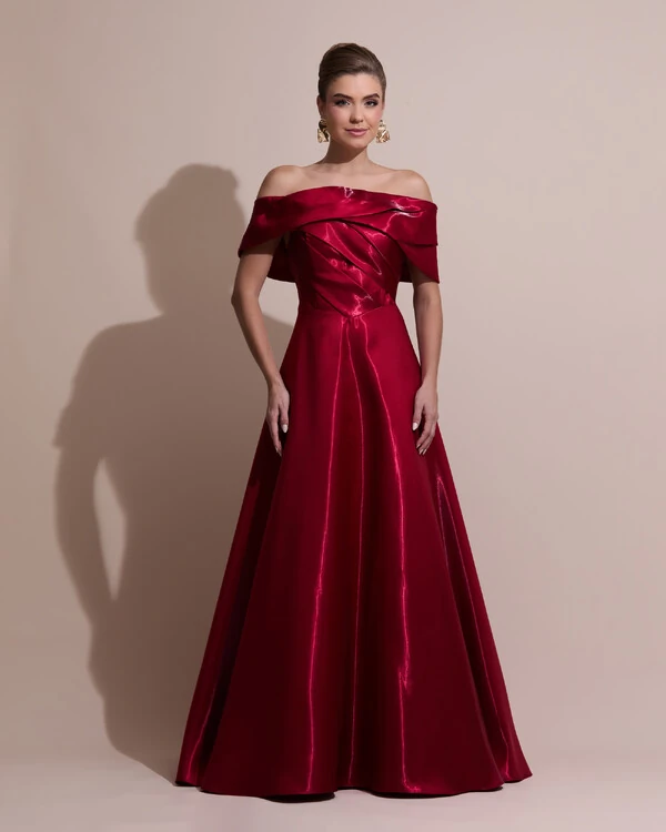 Vestido de Festa Longo Cetim Cristal Ombro a Ombro Drapeado Vermelho