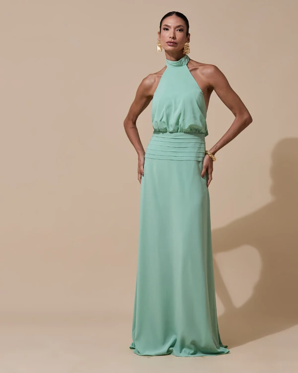 Vestido de Festa Longo Frente Única Busto Blousê Crepe Chiffon Drapeado Verde Menta