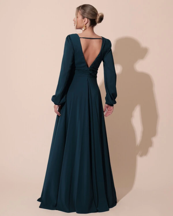 Vestido de Festa Manga Longa com Cintura Drapeada Decote V Verde Escuro