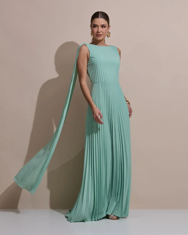 Vestido de Festa Longo Crepe Chiffon Plissado com Lenço nas Alças Verde Menta