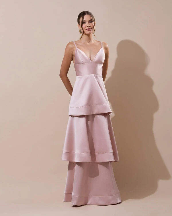 Vestido de Festa Longo Zibeline em Camadas Decote em V com Alças Rosa Nude