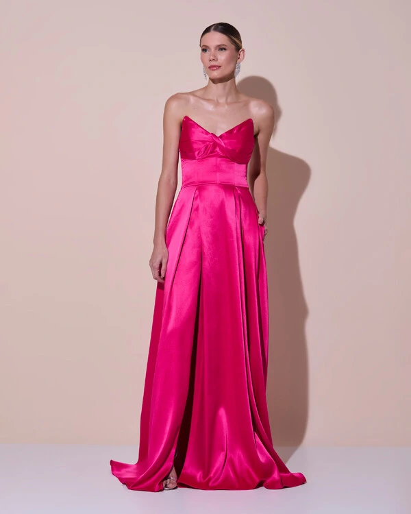 Vestido de Festa Longo Tomara que Caia Cetim Decote Coração Fenda Pink