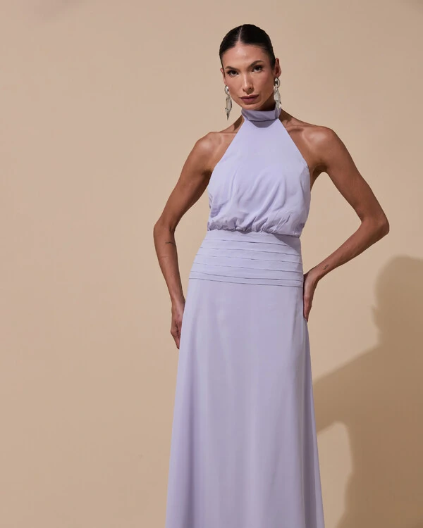 Vestido de Festa Longo Frente Única Busto Blousê Crepe Chiffon Drapeado Lilás Claro