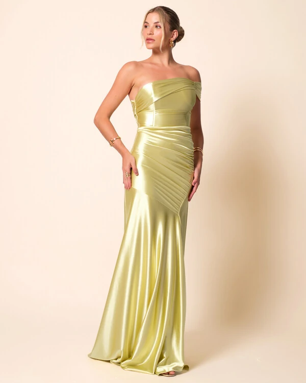 Vestido de Festa Longo Cetim Malha Metálico Ombro a Ombro Verde Lima