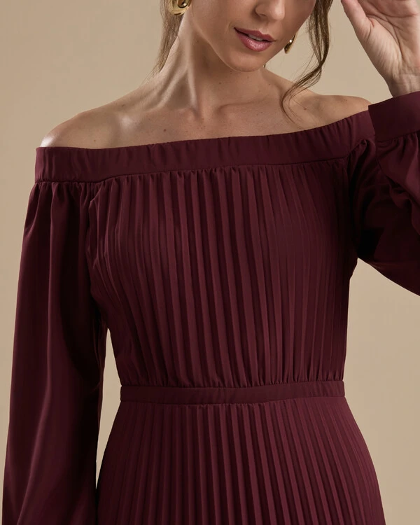 Vestido de Festa Longo Crepe Chiffon Plissado Ombro a Ombro Marsala
