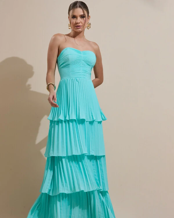 Vestido de Festa Longo Tomara que Caia Crepe Chiffon Plissado Camadas Tiffany