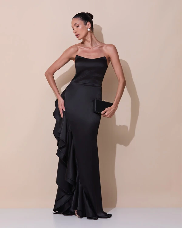 Vestido de Festa Longo Tomara que Caia Cetim Babado Fenda Preto
