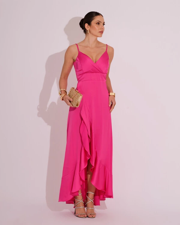 Vestido Midi Babado Acetinado Pink