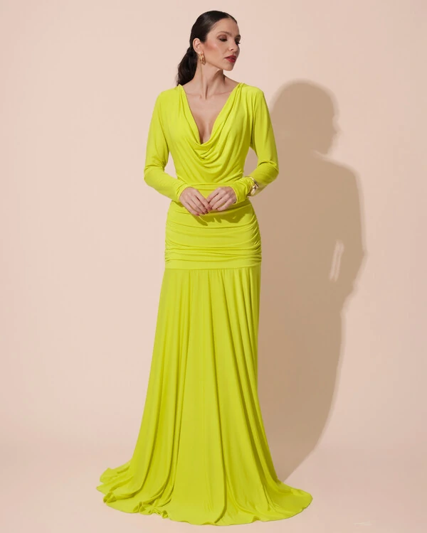 Vestido de Festa Longo Malha Degagê Drapeado Manga Longa Verde Lima
