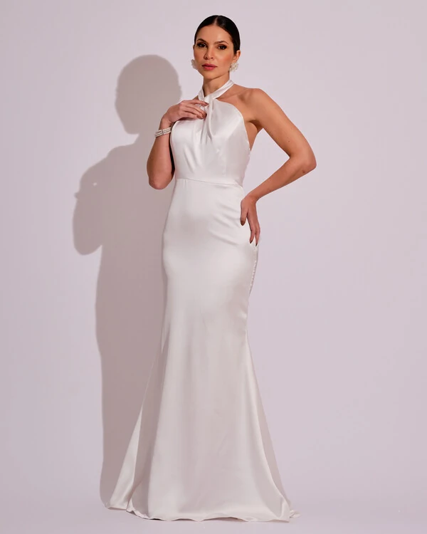 Vestido de Festa Longo em Cetim Alfaiataria com Elastano Frente Única Branco