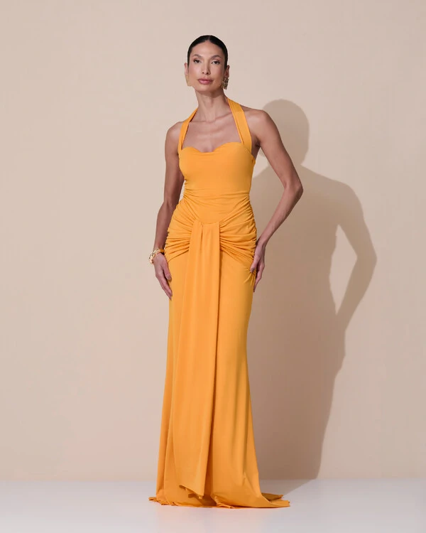 Vestido de Festa Longo Decote Coração Malha Jersey Drapeado Costas Trançada Laranja Manga New