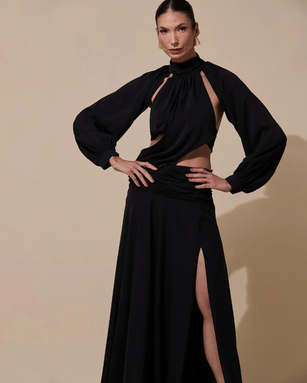 Vestido de Festa Longo Gola Alta Crepe Chiffon Recortes Drapeado Manga Longa Fenda Preto