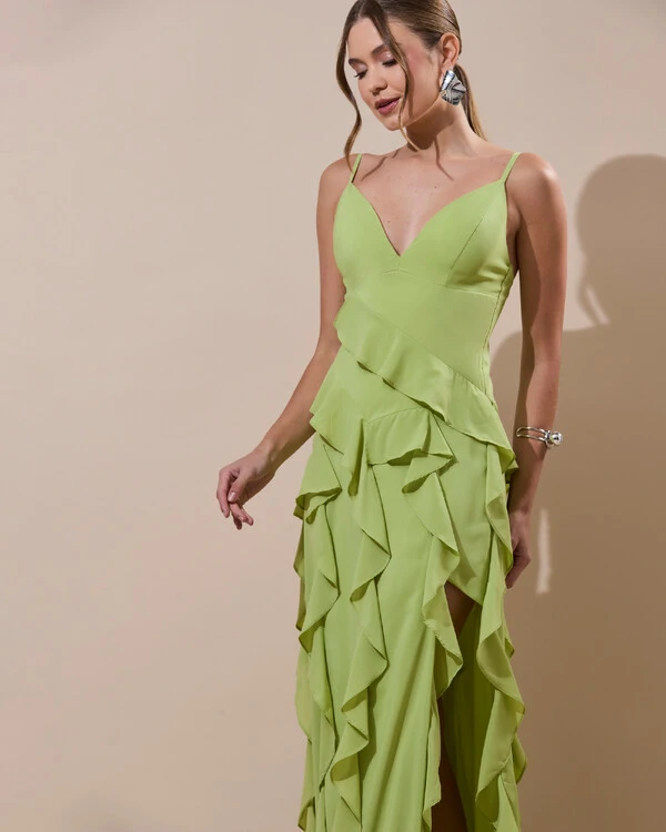 Vestido de Festa Longo Decote V Crepe Chiffon Babados Cascata e Fenda Verde Garden