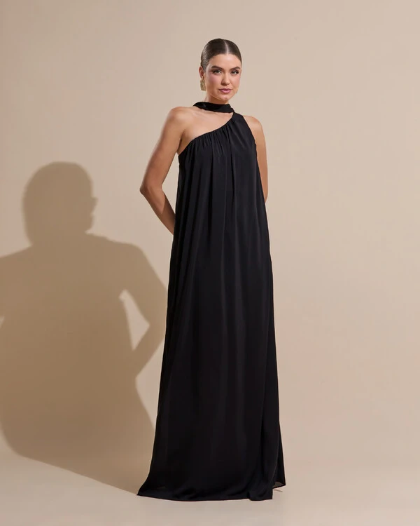 Vestido de Festa Longo Crepe Fluido um Ombro Só com Lenço Preto