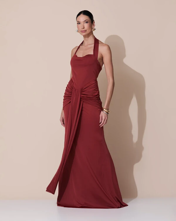 Vestido de Festa Longo Decote Coração Malha Jersey Drapeado Costas Trançada Terracota