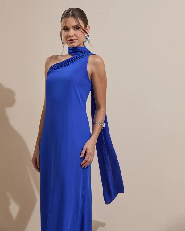 Vestido de Festa Longo Crepe Chiffon Um Ombro Só Drapeado Azul Royal
