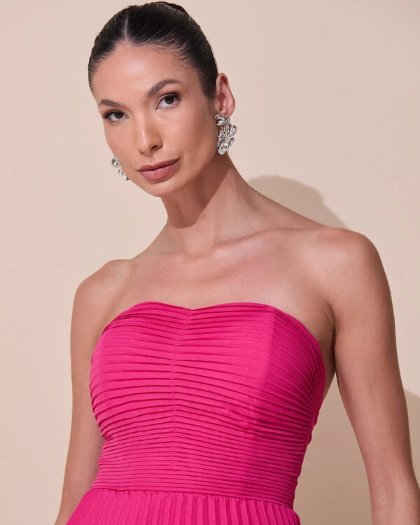 Vestido de Festa Longo Tomara que Caia Crepe Chiffon Plissado Camadas Pink Escuro