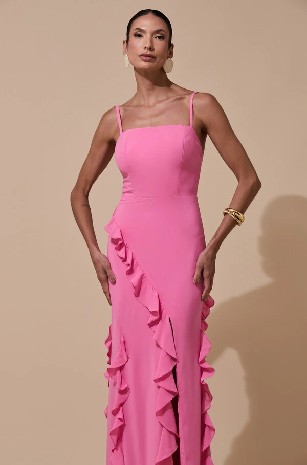 Vestido de Festa Longo Alças Finas Crepe Chiffon Babado Cascata Fenda Costas V Rosa