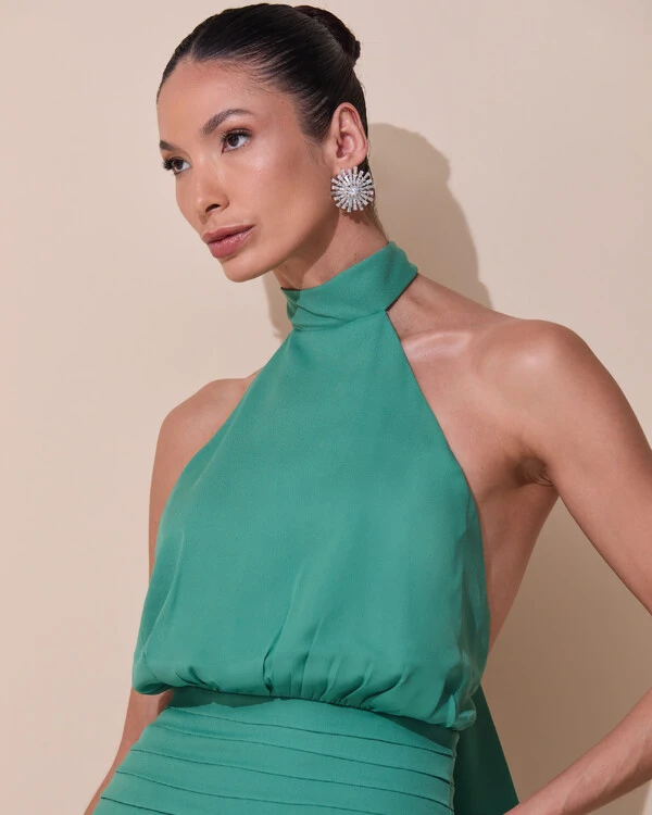 Vestido de Festa Longo Frente Única Busto Blousê Crepe Chiffon Drapeado Verde Matcha Escuro