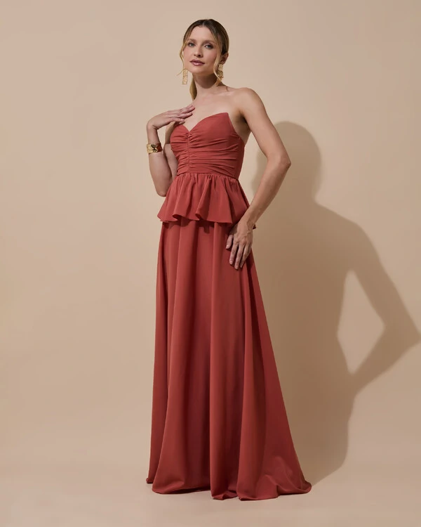 Vestido de Festa Longo Crepe Chiffon Tomara que Caia Peplum Drapeado Terracota