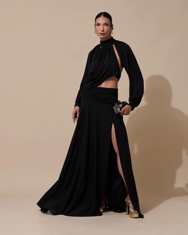 Vestido de Festa Longo Gola Alta Crepe Chiffon Recortes Drapeado Manga Longa Fenda Preto