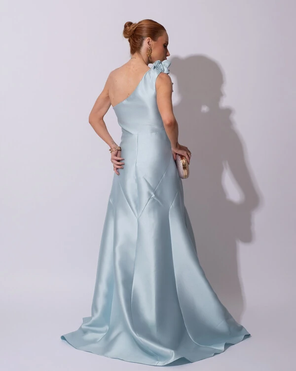 Vestido de Festa Longo Zibeline um Ombro Só Flor Removível Saia Sereia Tiffany