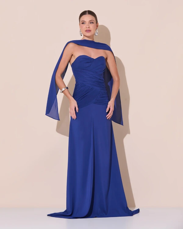 Vestido de Festa Longo Decote Coração Crepe Chiffon Drapeado Plissado Lenço Azul Marinho