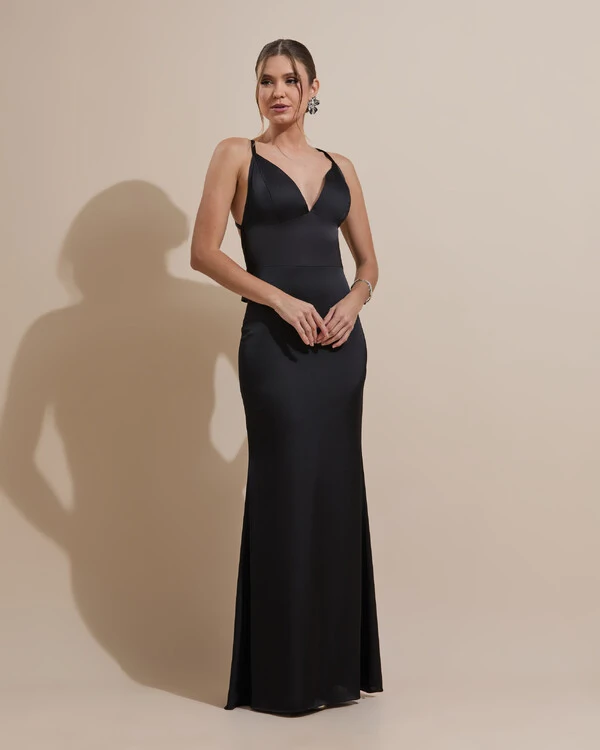 Vestido de Festa Longo Costas Abertas Laço Cetim Decote V Preto