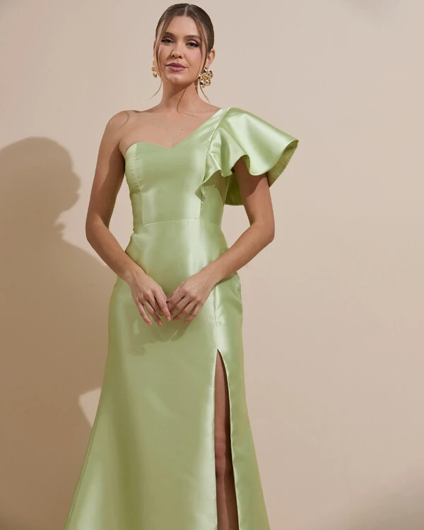 Vestido de Festa Longo um Ombro Tomara que Caia Zibeline Verde Lima New
