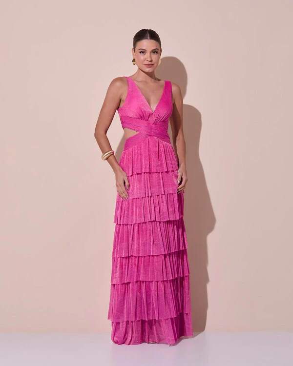 Vestido De Festa Longo Decote V Tule Brilho Recortes Camadas Pink