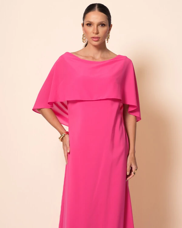 Vestido de Festa Longo Crepe Chiffon com Capa e Degagê nas Costas Pink New