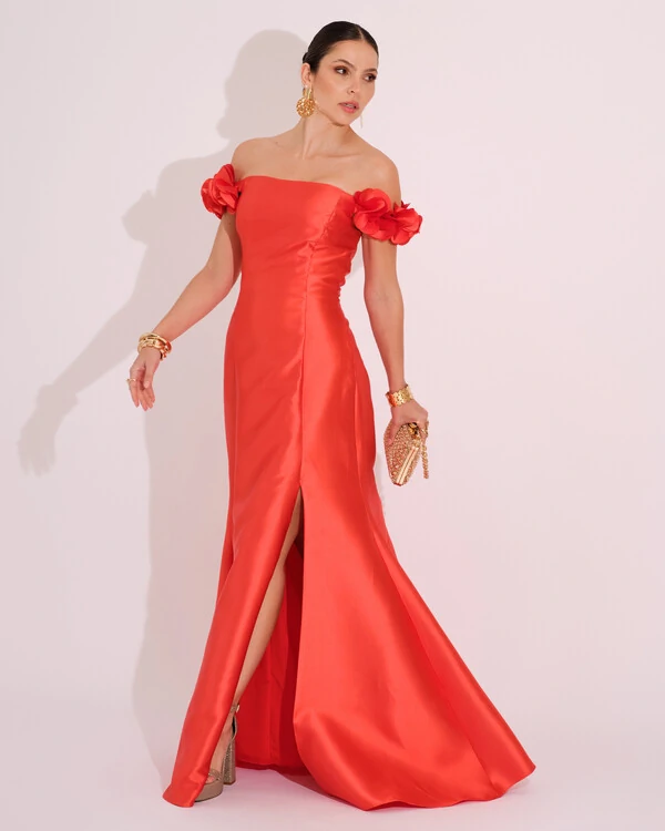 Vestido Longo de Festa Zibeline Ombro a Ombro com Flores e Fenda Laranja