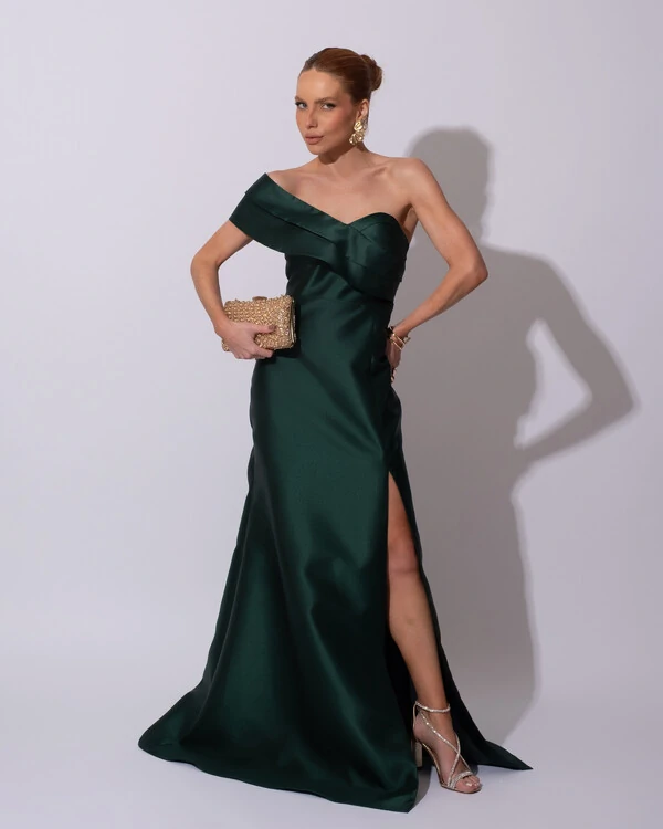 Vestido de festa Longo Zibeline Faixa Drapeada Ombro e Fenda Verde Escuro