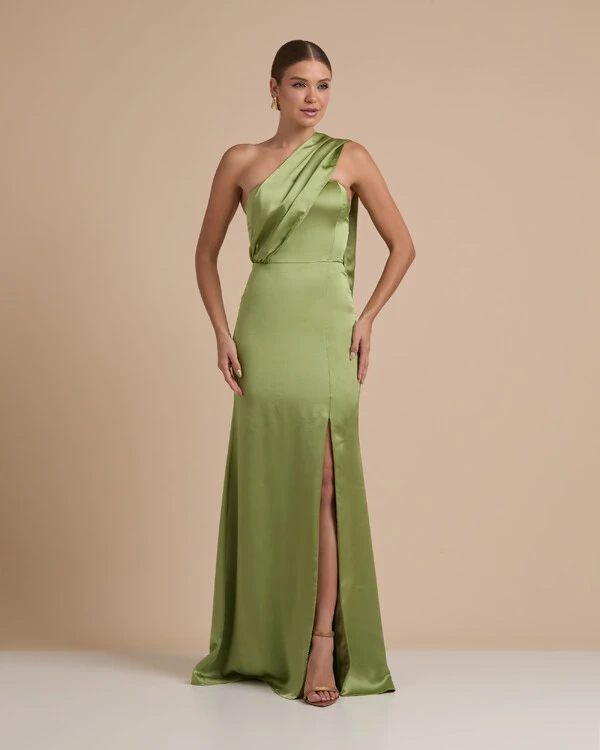 Vestido de Festa Longo Cetim Alfaiataria Tomara que Caia com Faixa Lenço Verde Pistache