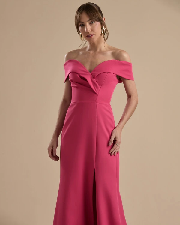 Vestido de Festa Longo Alfaiataria Ombro a Ombro com Fenda Pink
