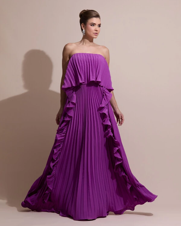 Vestido de Festa Longo Crepe Chiffon Tomara que Caia Plissado com Babado Cascata Fúcsia