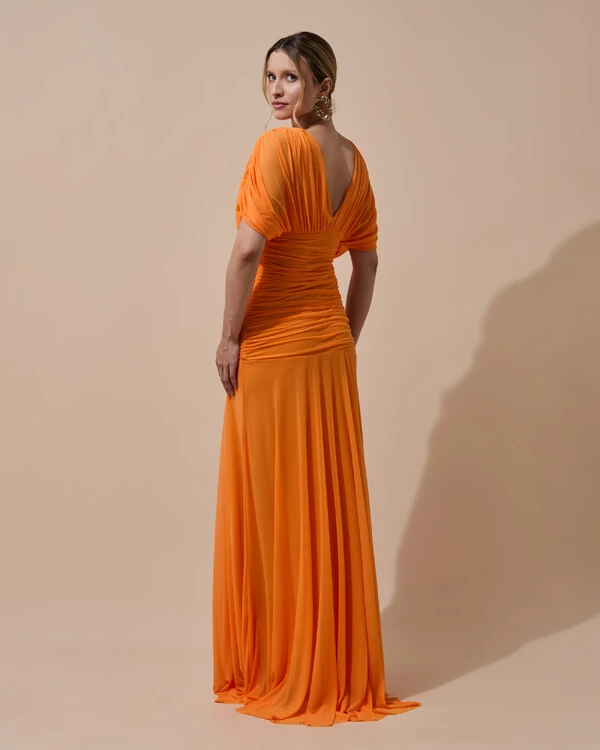 Vestido de Festa Longo Tule Manga Curta Drapeado Laranja New