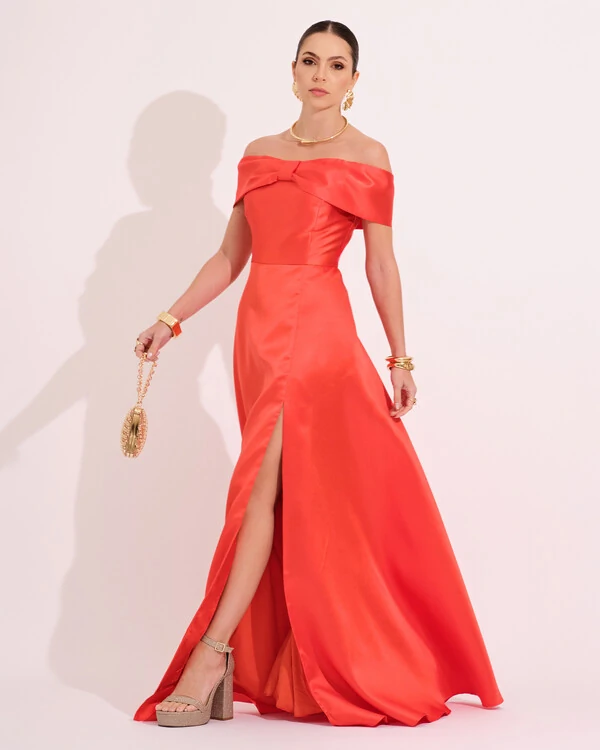 Vestido de Festa Longo Ombro a Ombro Laço Zibeline com Fenda Laranja