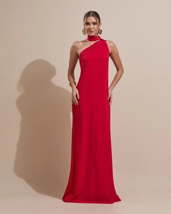 Vestido de Festa Longo Crepe Chiffon Um Ombro Só Drapeado Vermelho
