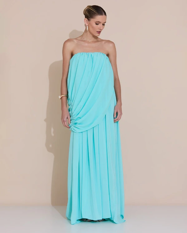 Vestido de Festa Longo Tomara Que Caia Crepe Chiffon Drapeado Tiffany