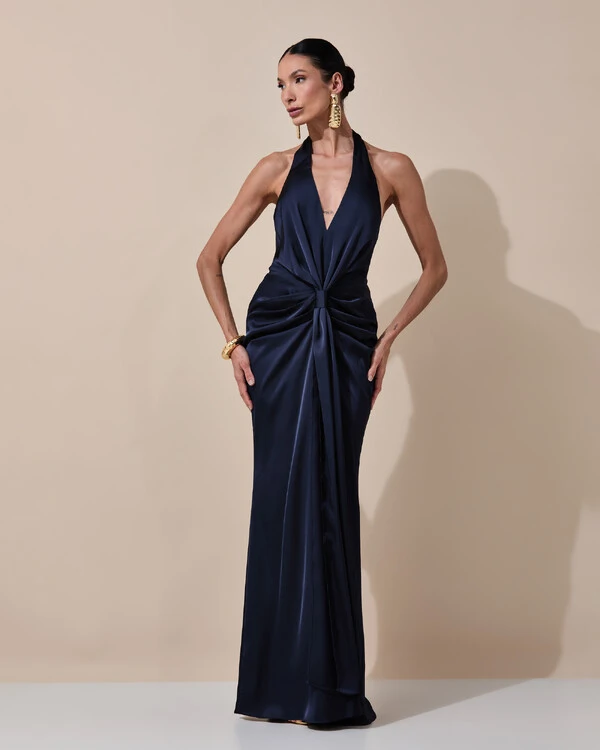 Vestido de Festa Longo Frente Única Decote V Cetim Drapeado Faixa Azul Marinho