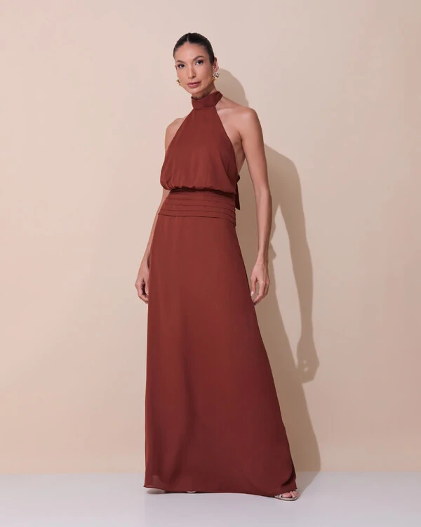 Vestido de Festa Longo Frente Única Busto Blousê Crepe Chiffon Drapeado Marrom New