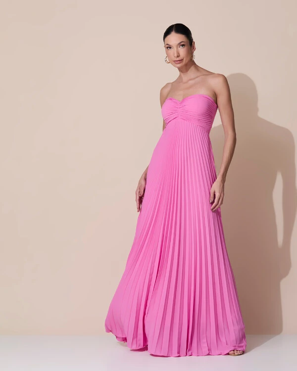 Vestido de Festa Longo Tomara que Caia Plissado com Lenço Rosa New