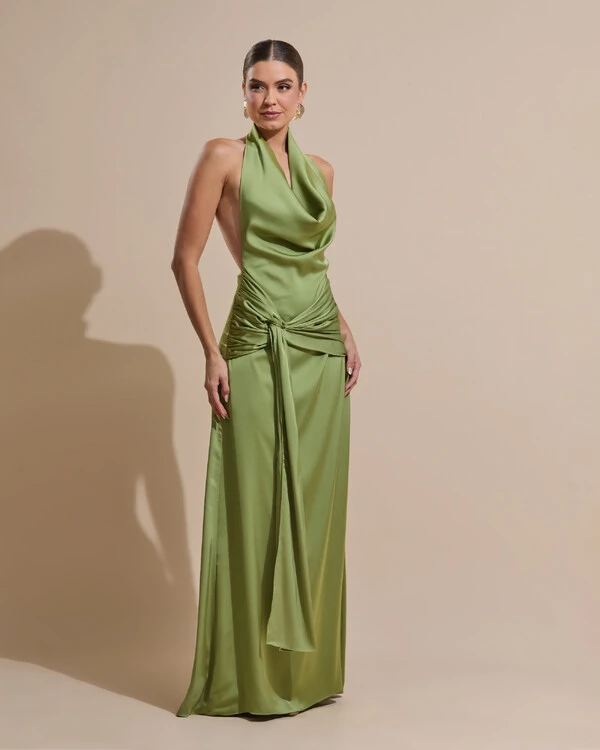 Vestido de Festa Longo Cetim Frente Única Degagê com Faixa Drapeada Verde Pistache