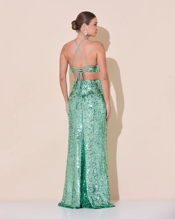 Vestido de Festa Longo Frente Única Paetê Recortes Costas Trançada Verde Menta