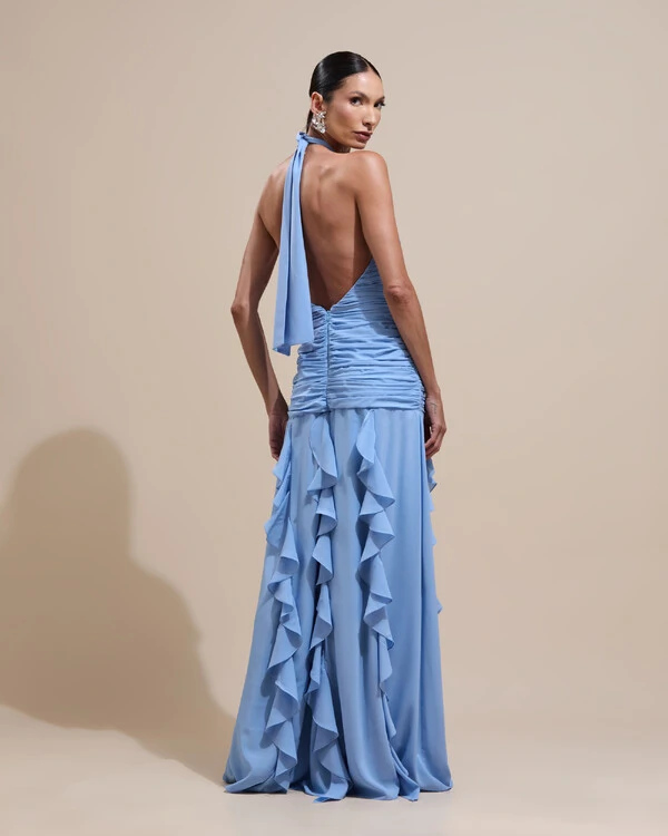 Vestido de Festa Longo Frente Única Crepe Chiffon Drapeado Babados Cascata Serenity