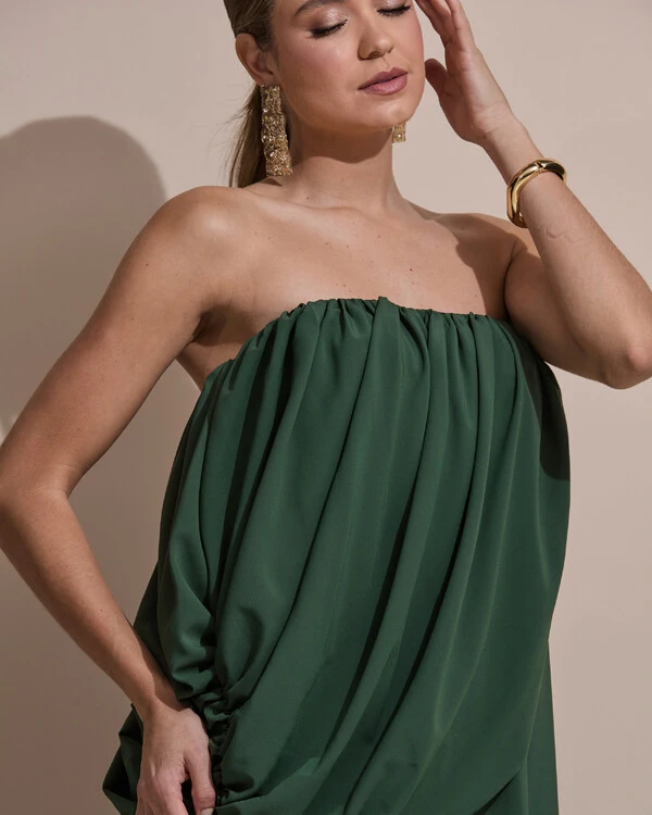 Vestido de Festa Longo Tomara Que Caia Crepe Chiffon Drapeado Verde Militar