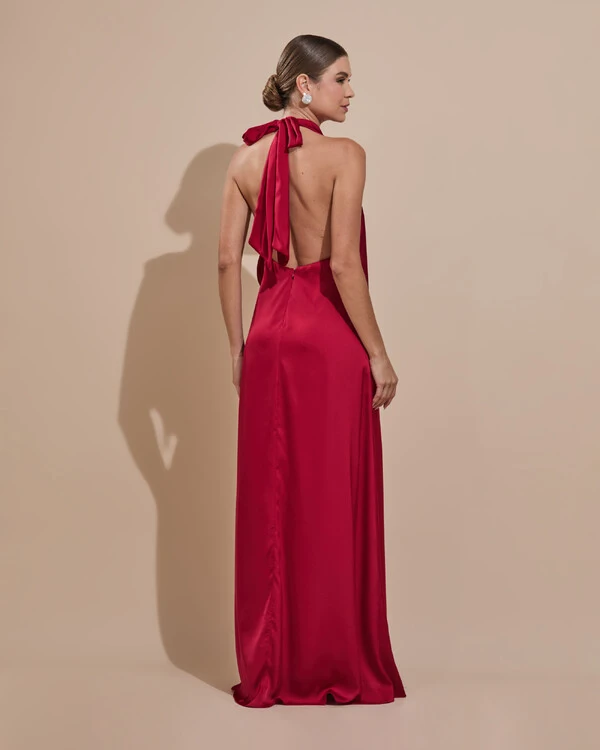 Vestido de Festa Longo Cetim Fluido Frente Única Degagê Mil Formas Marsala