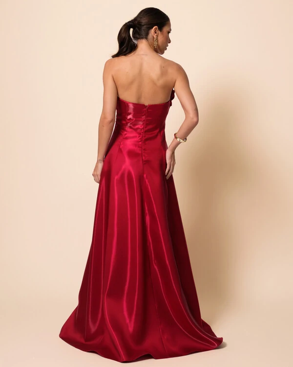 Vestido de Festa Longo Cetim Cristal Tomara que Caia com Flor 3D Vermelho