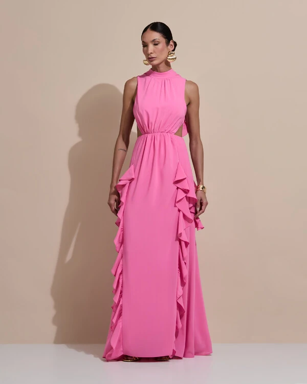 Vestido de Festa Longo Gola Alta Crepe Chiffon Recortes Babados Cascata Rosa